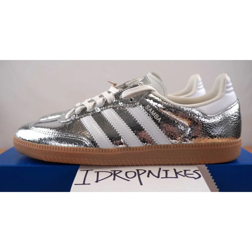 Adidas Samba OG Silver Metallic Cracked Leather Women's Shoes - Picture 2 of 11